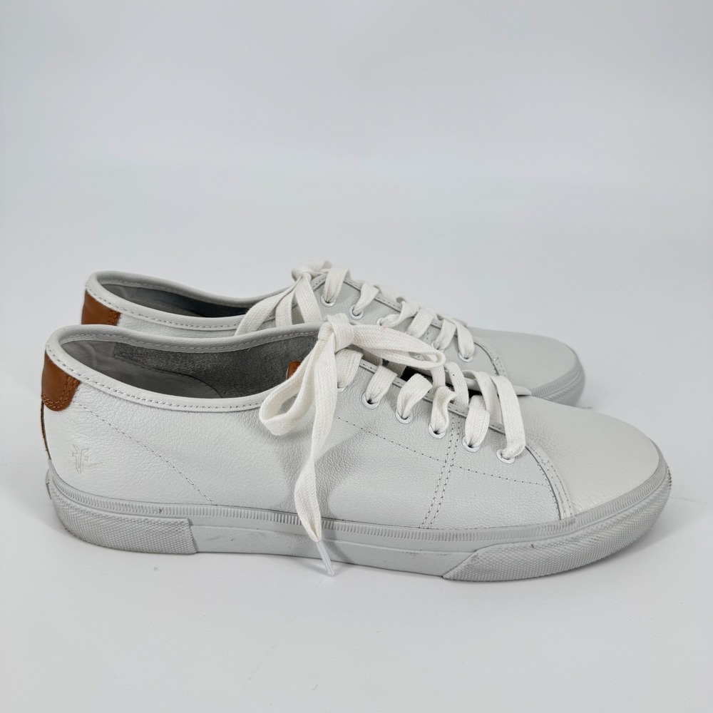 Frye Gia Low Lace Sneakers Womens 9 White Leather Tan Heel FR41118-WHIT